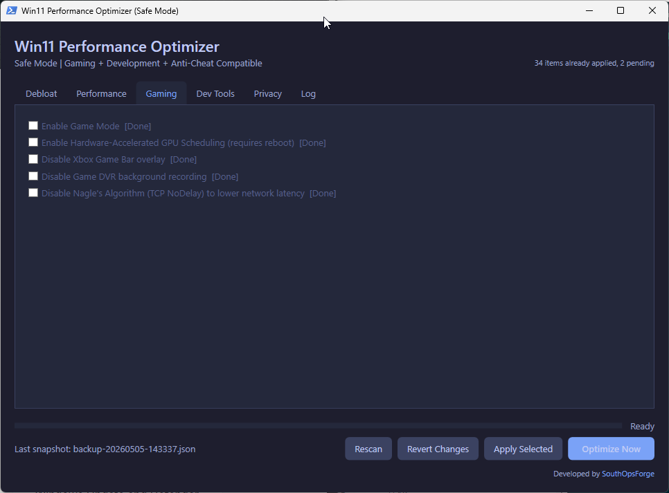 Win11 Optimizer - Gaming tab