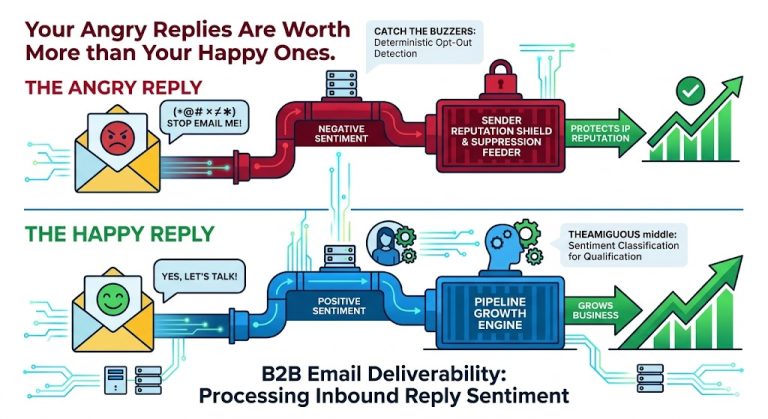 Diagram showing enterprise B2B email deliverability processing for inbound reply sentiment and angry vs happy reply streams.