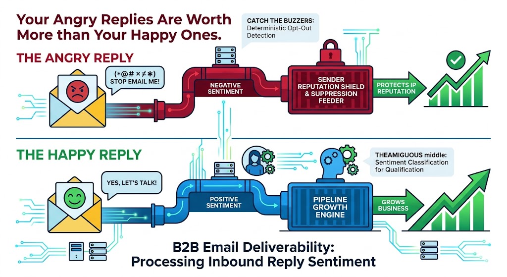Diagram showing enterprise B2B email deliverability processing for inbound reply sentiment and angry vs happy reply streams.