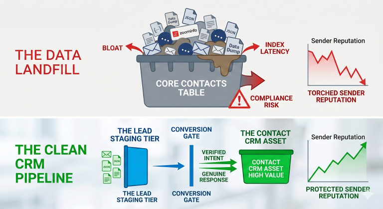 Diagram contrasting the data landfill model with a clean CRM pipeline architecture separating lead staging from core contact assets.